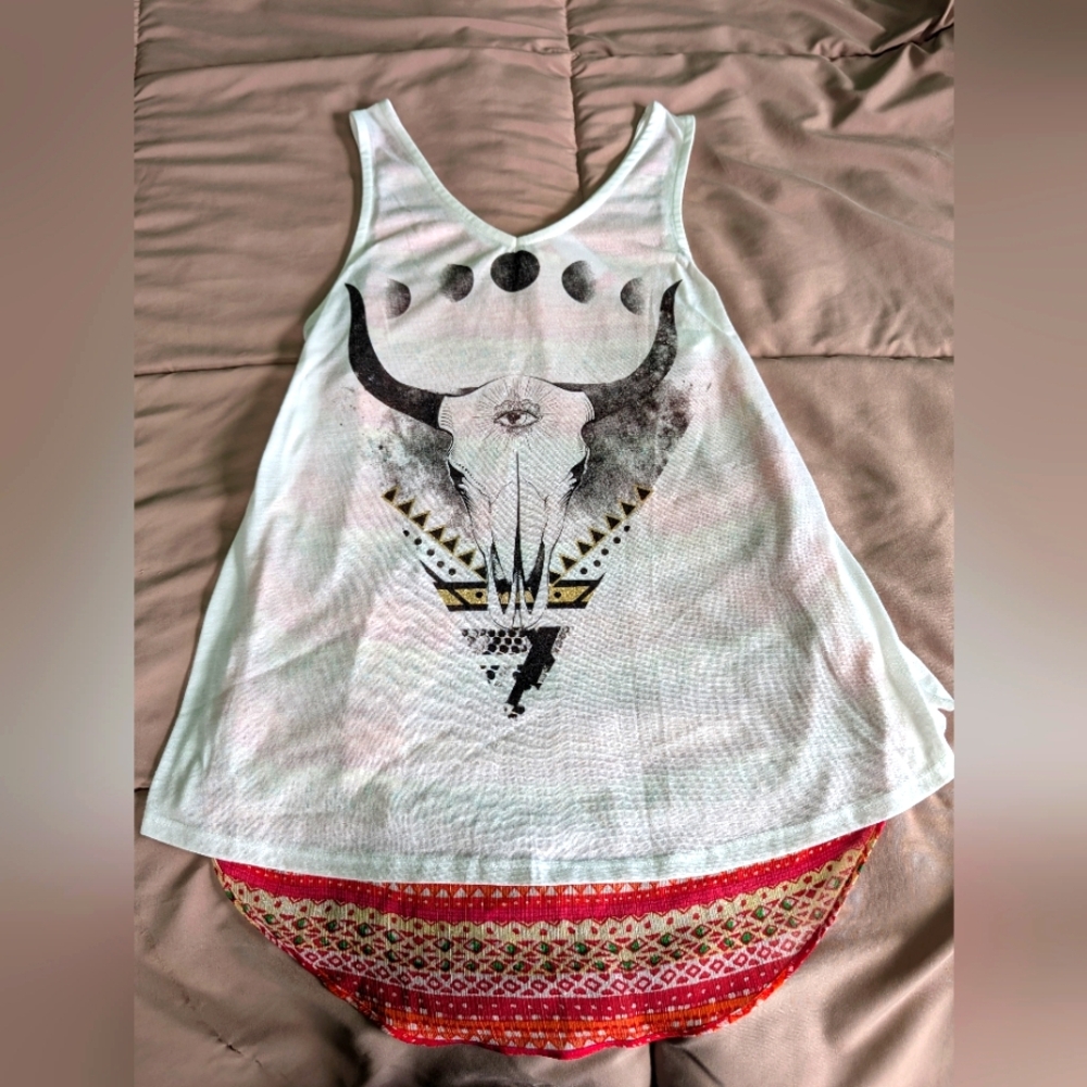 Boho Tank Top with Bull Skull Design